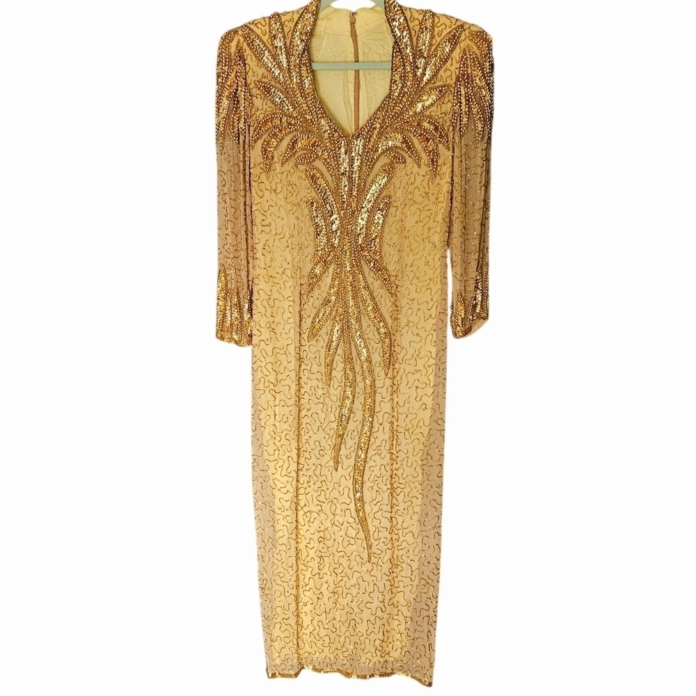 Vintage Women's Glamorous Gold Beaded & Sequin Long Gown / Dress Long Sleeves 10